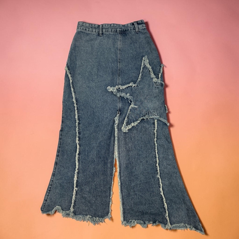 Coachella Festival Grunge Star Denim Maxi Skirt Split Hem Indie‎ Sleaze Y2K Punk